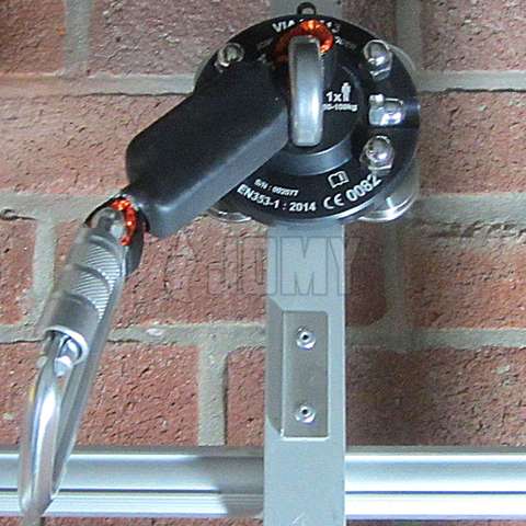 Ladder with CE certified vertical lifeline and carriage with carabiner.
