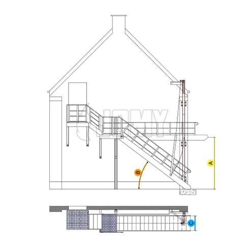 Counterbalanced stairs with cable and pulley system - key measurements.