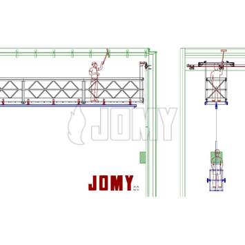 Dibujo CAD de una pasarela móvil con plataforma suspendida - Unidad de mantenimiento de edificios