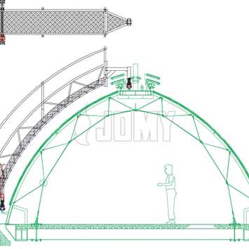 Dibujo de escaleras con movilidad circular en un techo redondeado - Unidad de Mantenimiento de Edificios.