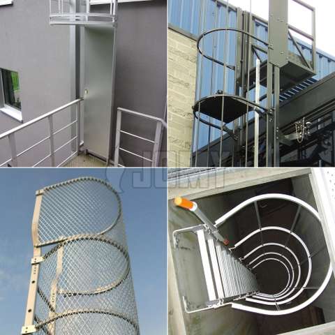 Las escaleras de jaulas de JOMY pueden ser mejoradas con muchas opciones, entre ellas: puertas de seguridad, línea de vida integrada, recubrimiento de polvo de color RAL, o pueden ser personalizadas según sus especificaciones, etc.
