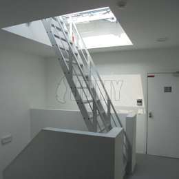 Escalera de mano hecha en aluminio utilizada para acceder a un techo plano a través de un túnel de luz Velux.