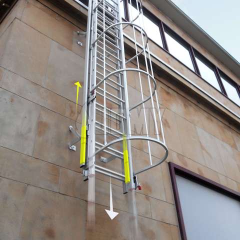Fire escape drop-down ladder with a cage and showcasing the counterbalanced system used by JOMY for a soft deployement of the bottom sliding ladder.