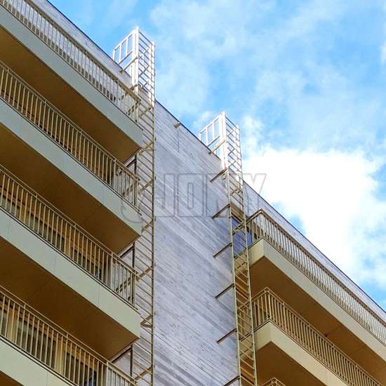 Fixed ladders on wall and roof used for fire evacuation.