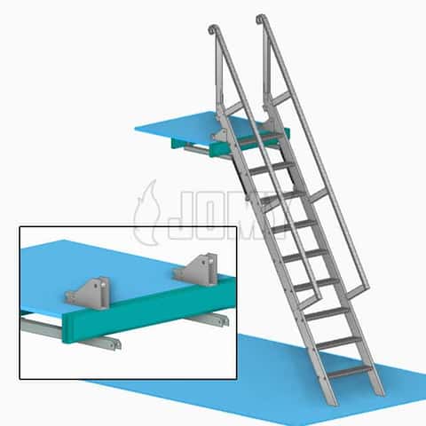 Mezzanine ship ladder with fixations Drawing of special fixations used for a ship ladder on a mezzanine.