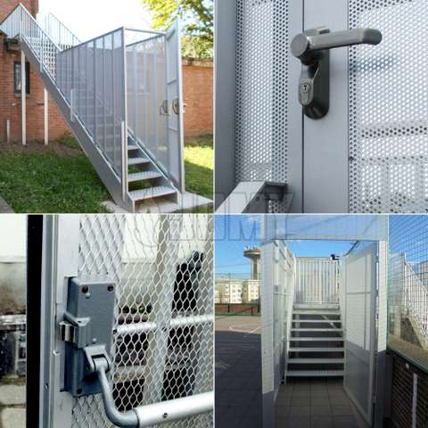 Opciones antirrobo para escaleras exteriores: paneles de seguridad, puertas con botón de pánico, compuerta, bloqueo con cerradura, bloqueo con clave, etc.