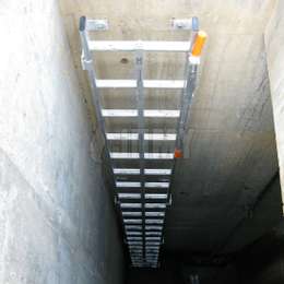 Pit ladder with lifeline rail and telescopic handle.