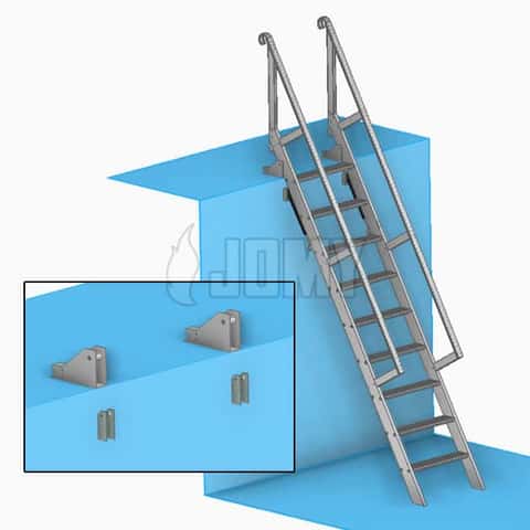 Drawing of a wall-mounted retractable ship ladder with special fixations.